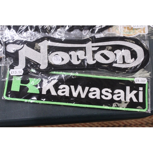 333 - A QUANTITY OF AS NEW, CLOTH SEW-ON BADGES TO INCLUDE NORTON, KAWASAKI, HARLEY-DAVIDSON, ETC.,