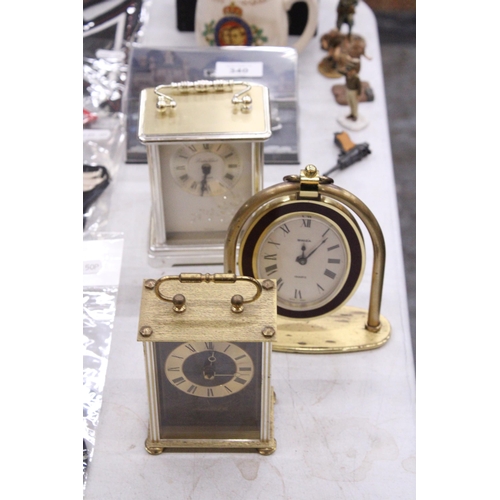 341 - THREE BRASS MANTLE CLOCKS TO INCLUDE 2 CARRIAGE CLOCKS