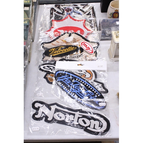 342 - A QUANTITY OF AS NEW, CLOTH SEW-ON BADGES TO INCLUDE NORTON, KAWASAKI, HARLEY-DAVIDSON, ETC.,