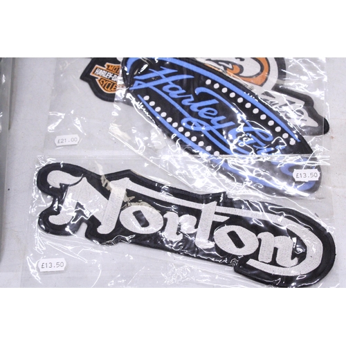 342 - A QUANTITY OF AS NEW, CLOTH SEW-ON BADGES TO INCLUDE NORTON, KAWASAKI, HARLEY-DAVIDSON, ETC.,