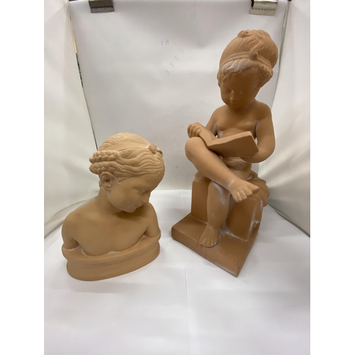 40 - A CHALKWARE  FIGURE OF A SEATED BOY READING A BOOK TOGETHER WITH A BUST OF AN ELEGANT LADY