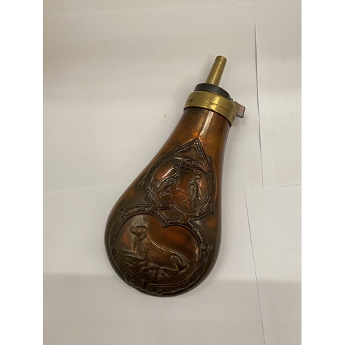 42 - A BRASS AND COPPER POWDER FLASK