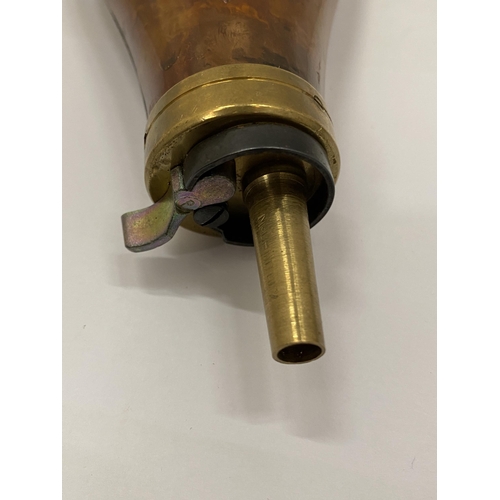 42 - A BRASS AND COPPER POWDER FLASK