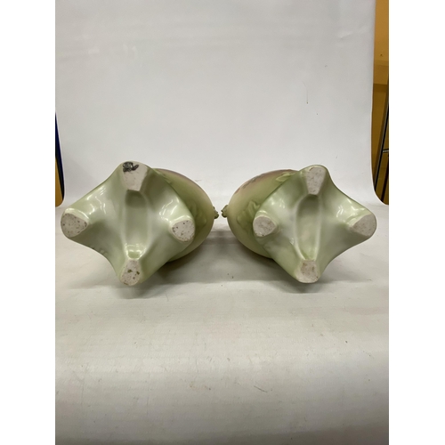 44 - A PAIR OF ANTIQUE VASES WITH TWIN HANDLES IN THE SHAPE OF GOATS DEPICTING SCHNAUZER DOGS - 30.5 CM