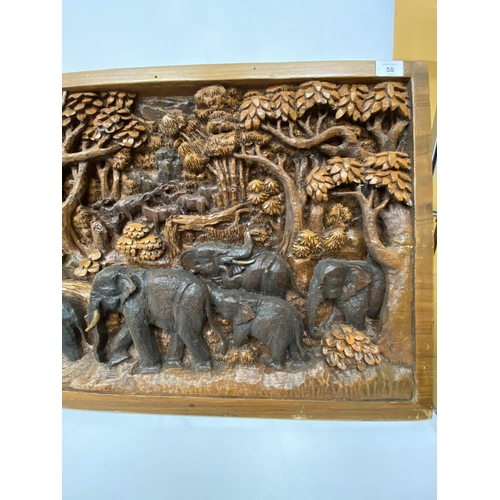 50 - A CARVED BALINESE WOODEN PANEL WITH THREE DIMENSIONAL WORK OF ART - APPROX 142 X 49 CM