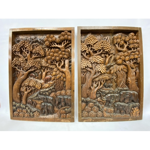 51 - TWO CARVED BALINESE WOODEN PANELS WITH THREE DIMENSIONAL WORK OF ART - APPROX 70 X 49.5 CM