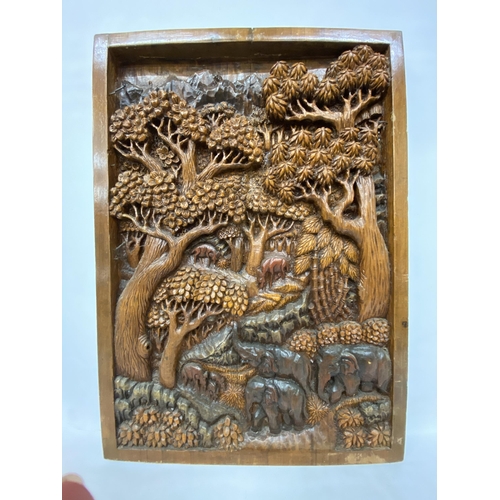 51 - TWO CARVED BALINESE WOODEN PANELS WITH THREE DIMENSIONAL WORK OF ART - APPROX 70 X 49.5 CM