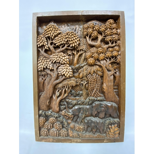 51 - TWO CARVED BALINESE WOODEN PANELS WITH THREE DIMENSIONAL WORK OF ART - APPROX 70 X 49.5 CM