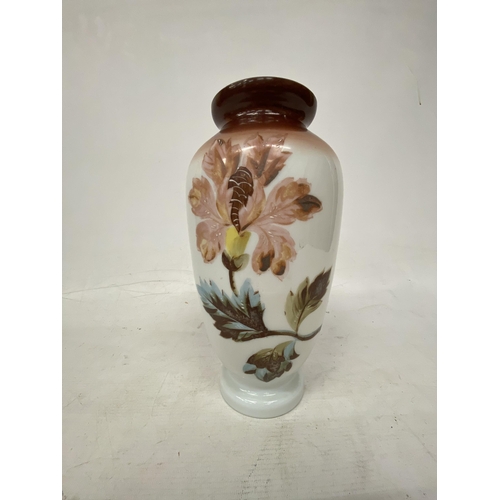 52 - A FRENCH STYLE HANDPAINTED IN WHITE OPALINE VASE - 28.5 CM