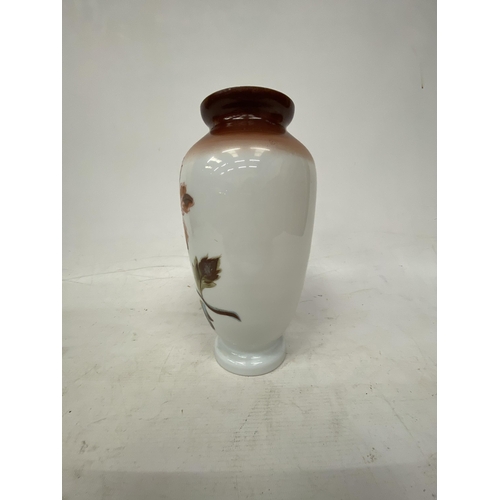 52 - A FRENCH STYLE HANDPAINTED IN WHITE OPALINE VASE - 28.5 CM