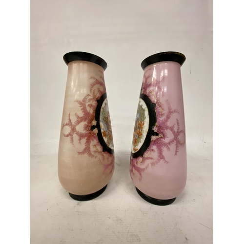 55 - A PAIR OF FRENCH STYLE PINK OPALINE HAND PAINTED VASES WITH TRANSFERS OF FAIR MAIDENS - 33 CM