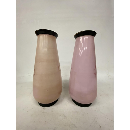 55 - A PAIR OF FRENCH STYLE PINK OPALINE HAND PAINTED VASES WITH TRANSFERS OF FAIR MAIDENS - 33 CM