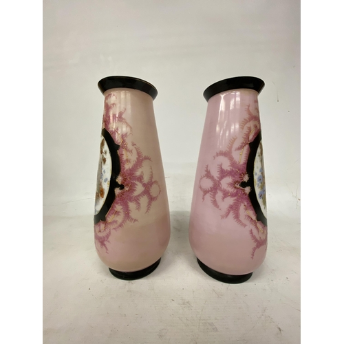 55 - A PAIR OF FRENCH STYLE PINK OPALINE HAND PAINTED VASES WITH TRANSFERS OF FAIR MAIDENS - 33 CM