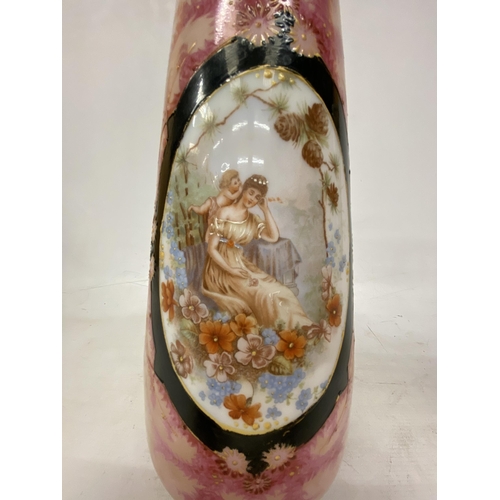 55 - A PAIR OF FRENCH STYLE PINK OPALINE HAND PAINTED VASES WITH TRANSFERS OF FAIR MAIDENS - 33 CM