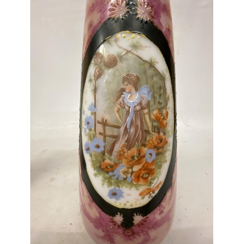 55 - A PAIR OF FRENCH STYLE PINK OPALINE HAND PAINTED VASES WITH TRANSFERS OF FAIR MAIDENS - 33 CM