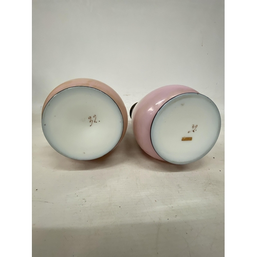 55 - A PAIR OF FRENCH STYLE PINK OPALINE HAND PAINTED VASES WITH TRANSFERS OF FAIR MAIDENS - 33 CM