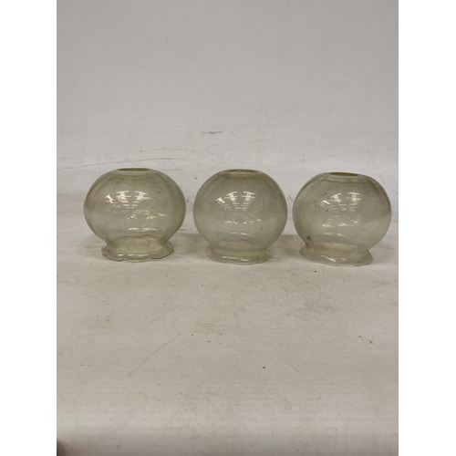 65 - THREE SMALL VASELINE OPALESCENT LIGHT SHADES