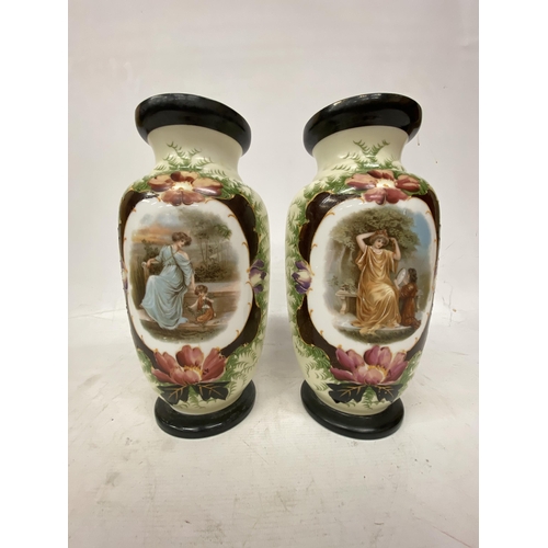 68 - A PAIR OF FRENCH STYLE  OPALINE HAND PAINTED VASES WITH TRANSFERS OF FAIR MAIDENS WITH CHILDREN - 32... 