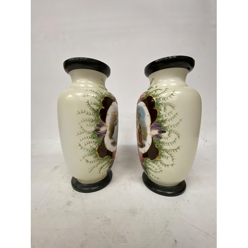 68 - A PAIR OF FRENCH STYLE  OPALINE HAND PAINTED VASES WITH TRANSFERS OF FAIR MAIDENS WITH CHILDREN - 32... 