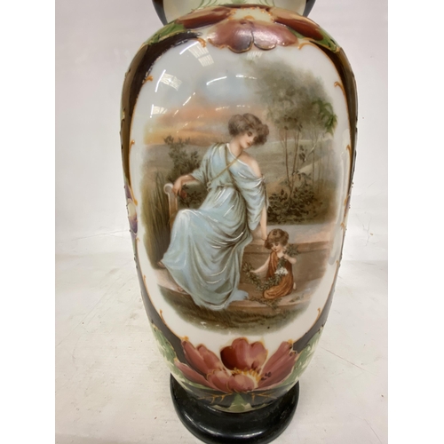 68 - A PAIR OF FRENCH STYLE  OPALINE HAND PAINTED VASES WITH TRANSFERS OF FAIR MAIDENS WITH CHILDREN - 32... 