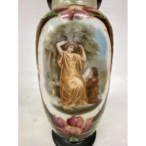 68 - A PAIR OF FRENCH STYLE  OPALINE HAND PAINTED VASES WITH TRANSFERS OF FAIR MAIDENS WITH CHILDREN - 32... 