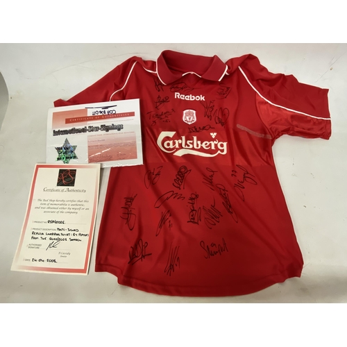 87 - A MULTI-SIGNED REPLICA LIVERPOOL SHIRT SIGNED BY PLAYERS FROM THE 2000/2001 SEASON WITH CERTIFICATE ... 