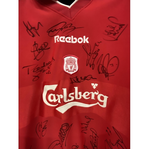 87 - A MULTI-SIGNED REPLICA LIVERPOOL SHIRT SIGNED BY PLAYERS FROM THE 2000/2001 SEASON WITH CERTIFICATE ... 