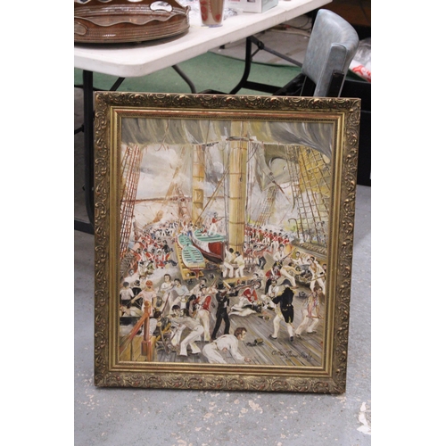 1002 - A SIGNED, ARTHUR THOMAS HARDY (1981) OIL ON BOARD OF A BATTLE ONBOARD A GALLEON, IN A GILT FRAM, 61C... 