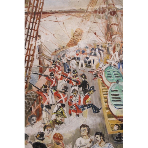 1002 - A SIGNED, ARTHUR THOMAS HARDY (1981) OIL ON BOARD OF A BATTLE ONBOARD A GALLEON, IN A GILT FRAM, 61C... 