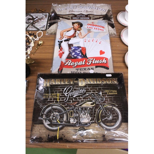 994 - THREE TIN SIGNS TO INCLUDE TWO HARLEY DAVIDSON