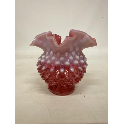 11 - A FENTON ART GLASS CRANBERRY PINK OPALESCENT HOBNAIL DOUBLE CRIMPED VASE VINTAGE FROM THE 1950'S