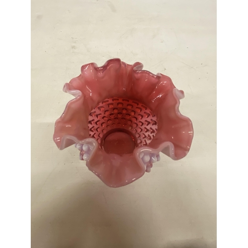 11 - A FENTON ART GLASS CRANBERRY PINK OPALESCENT HOBNAIL DOUBLE CRIMPED VASE VINTAGE FROM THE 1950'S