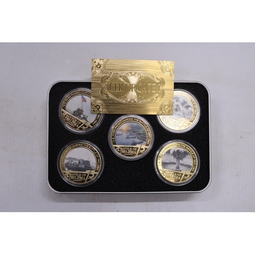 164 - A COLLECTION OF FIVE 24K GOLD PLATED BATTLE OF IWOJIMA BOXED COINS WITH CERTIFICATE