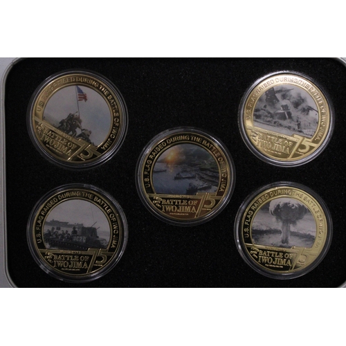 164 - A COLLECTION OF FIVE 24K GOLD PLATED BATTLE OF IWOJIMA BOXED COINS WITH CERTIFICATE