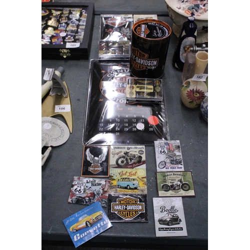 184 - A QUANTITY OF HARLEY DAVIDSON, ROUTE 66, VOLKSWAGEN ITEMS TO INCLUDE SIGNS, MAGNETS, MONEY TINS, ETC... 