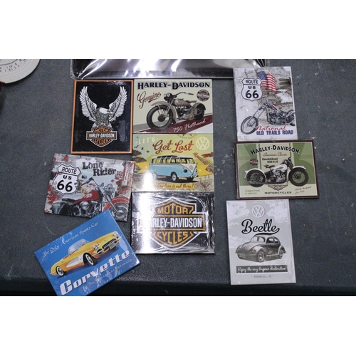 184 - A QUANTITY OF HARLEY DAVIDSON, ROUTE 66, VOLKSWAGEN ITEMS TO INCLUDE SIGNS, MAGNETS, MONEY TINS, ETC... 