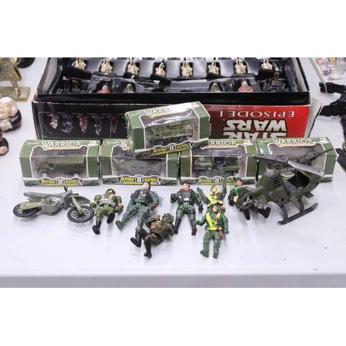 190 - FIVE BOXED ALLOY WARRIOR MILITARY OPERATION VEHICLES TOGETHER WITH FIGURES, ETC.,