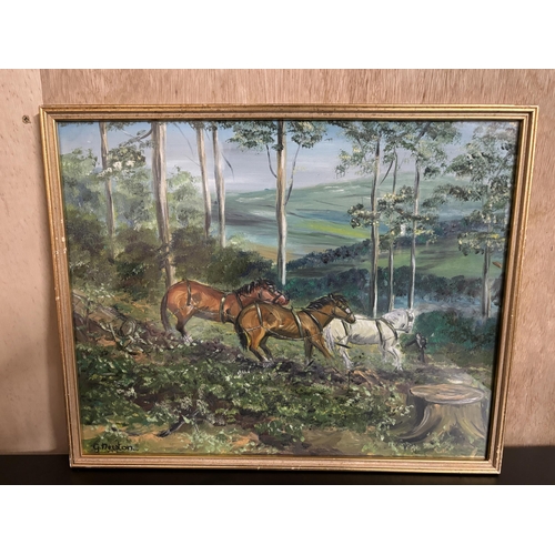 192 - A FRAMED OIL ON BOARD OF HORSES PULLING LOGS FROM A WOODLAND SIGNED G NEWTON TO LOWER LEFT HAND CORN... 