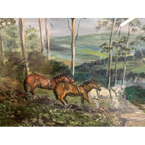 192 - A FRAMED OIL ON BOARD OF HORSES PULLING LOGS FROM A WOODLAND SIGNED G NEWTON TO LOWER LEFT HAND CORN... 