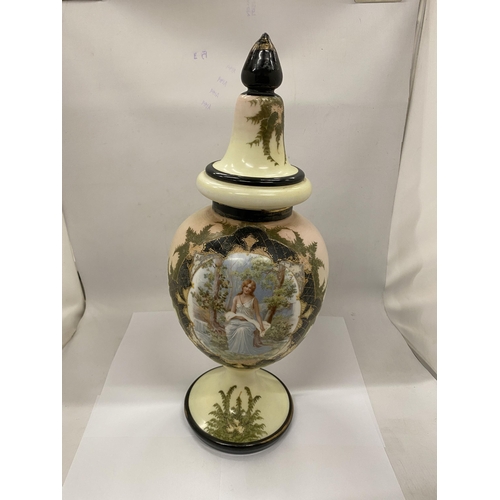 22 - A FRENCH STYLE OPALINE GLASS URN PARTIALLY HAND PAINTED WITH A TRANSFER OF A YOUNG MAIDEN - APPROX 5... 