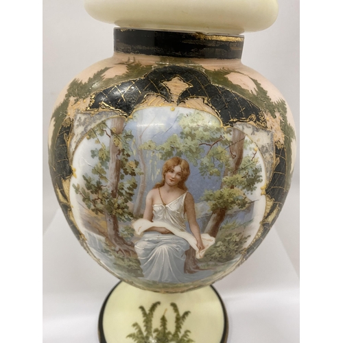 22 - A FRENCH STYLE OPALINE GLASS URN PARTIALLY HAND PAINTED WITH A TRANSFER OF A YOUNG MAIDEN - APPROX 5... 