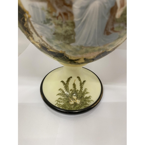 22 - A FRENCH STYLE OPALINE GLASS URN PARTIALLY HAND PAINTED WITH A TRANSFER OF A YOUNG MAIDEN - APPROX 5... 