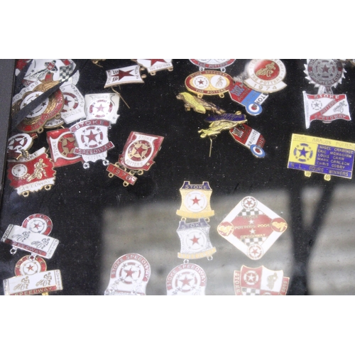 223 - A CASE CONTAINING A QUANTITY OF ENAMEL PIN BADGES TO INCLUDE STOKE SPEEDWAY THE POTTERS, ELLESMERE P... 