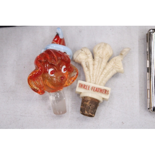 238 - TWO VINTAGE BREWERIANA MURANO BOTTLE STOPPER AND OPTIC HINGED FEATHER POURERS