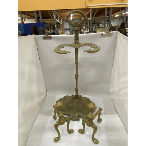 28 - A  VINTAGE BRASS ART NOVEAU STYLE UMBRELLA STAND/WALKING STICK HOLDER WITH A LARGE TRAY AT THE BOTTO... 