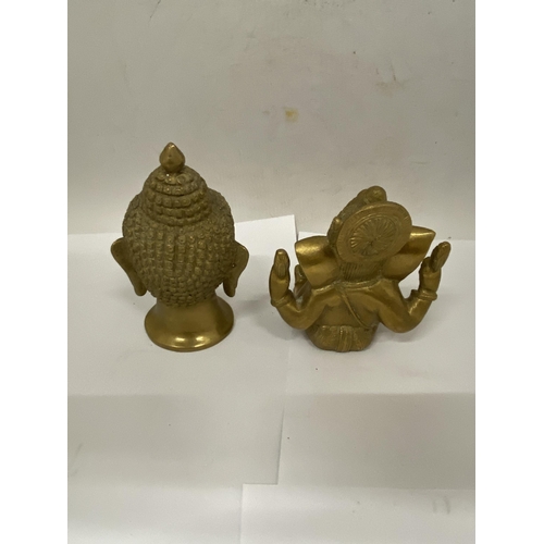 31 - A BRASS GANESHA STATUE (10.5 CM (H) ) TOGETHER WITH A BUDDHA HEAD - 12.5 CM (H)