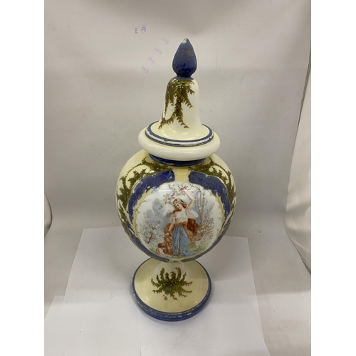 34 - A FRENCH STYLE OPALINE GLASS URN PARTIALLY HAND PAINTED WITH A TRANSFER OF A YOUNG MAIDEN - APPROX 5... 