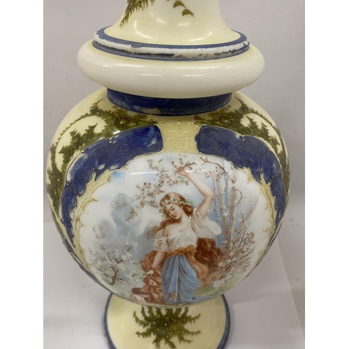 34 - A FRENCH STYLE OPALINE GLASS URN PARTIALLY HAND PAINTED WITH A TRANSFER OF A YOUNG MAIDEN - APPROX 5... 