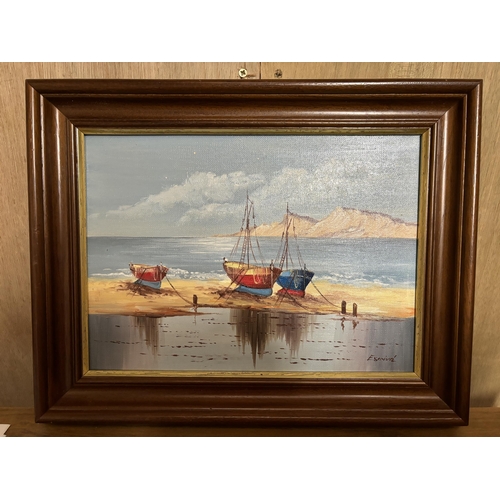 80 - A FRAMED OIL ON CANVAS OF A BOAT SCENE SIGNED TO LOWER RIGHT HAND CORNER 23CM X 32CM