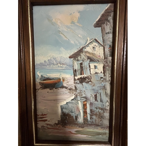 81 - A FRAMED OIL ON CANVAS OF A MEDITERRANEAN HOUSE, BOAT AND BEACH SCENE SIGNED TO LOWER RIGHT HAND COR... 